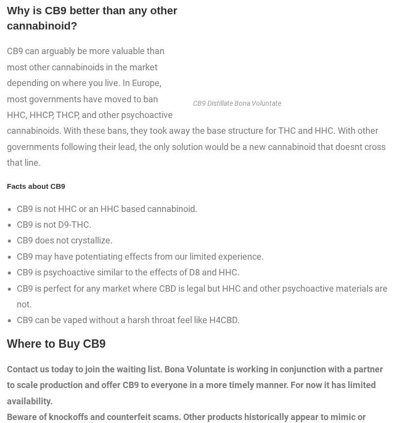Further down the same page: a section headed Why is CB9 better than any other cannabinoid, saying most European governments have banned HHC, HHCP and THCP and the only solution would be a new cannabinoid that doesn't cross that line, then a list of facts including CB9 is not HHC, CB9 is not D9-THC, and CB9 is perfect for any market where CBD is legal but HHC and other psychoactive materials are not.