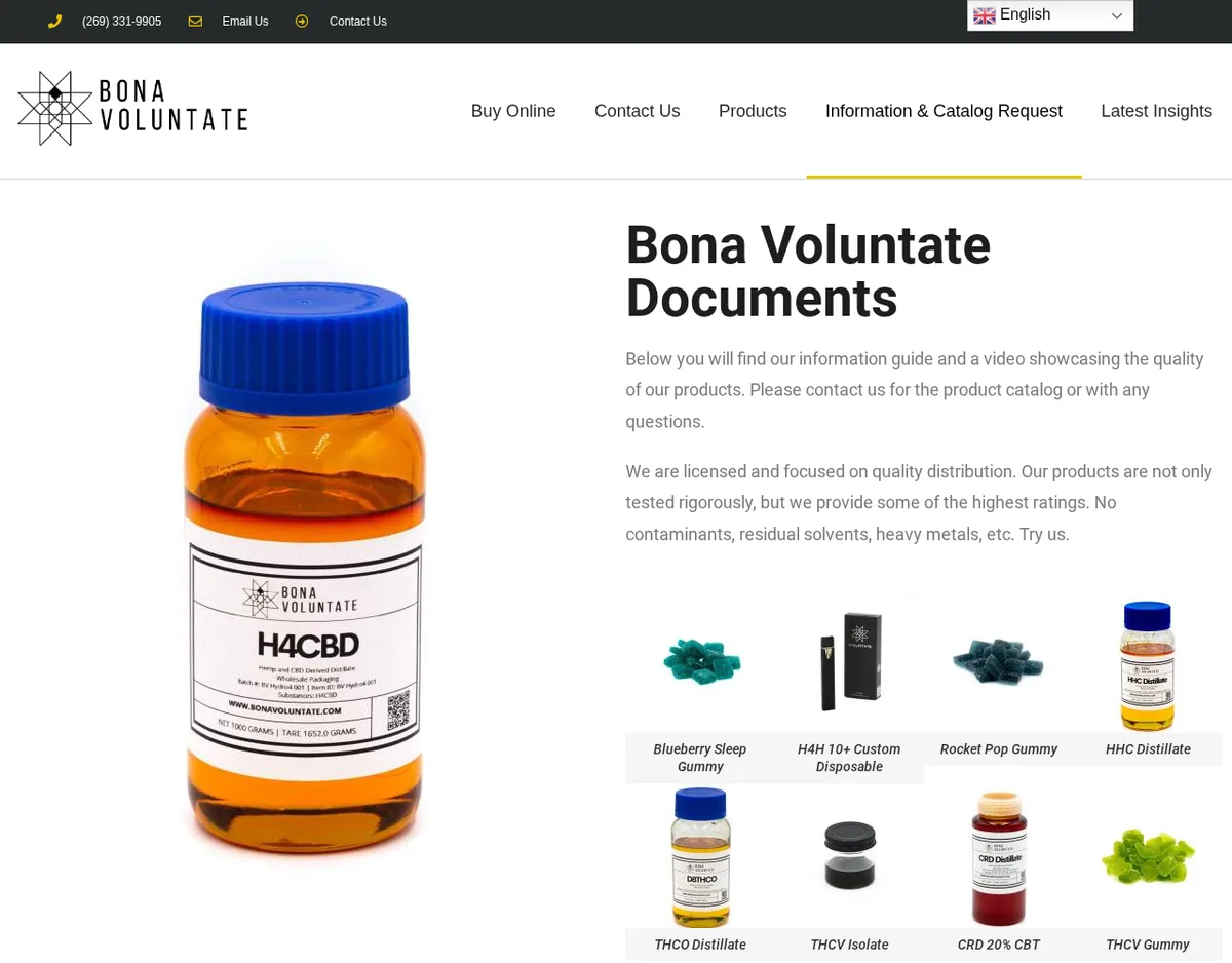 The Bona Voluntate Documents page in December 2023: a large amber bottle labelled Bona Voluntate H4CBD, Hemp and CBD Derived Distillate, Wholesale Packaging, net 1000 grams, beside text reading We are licensed and focused on quality distribution, and a grid of products including HHC distillate, THCO distillate, THCV isolate and CRD 20% CBT.