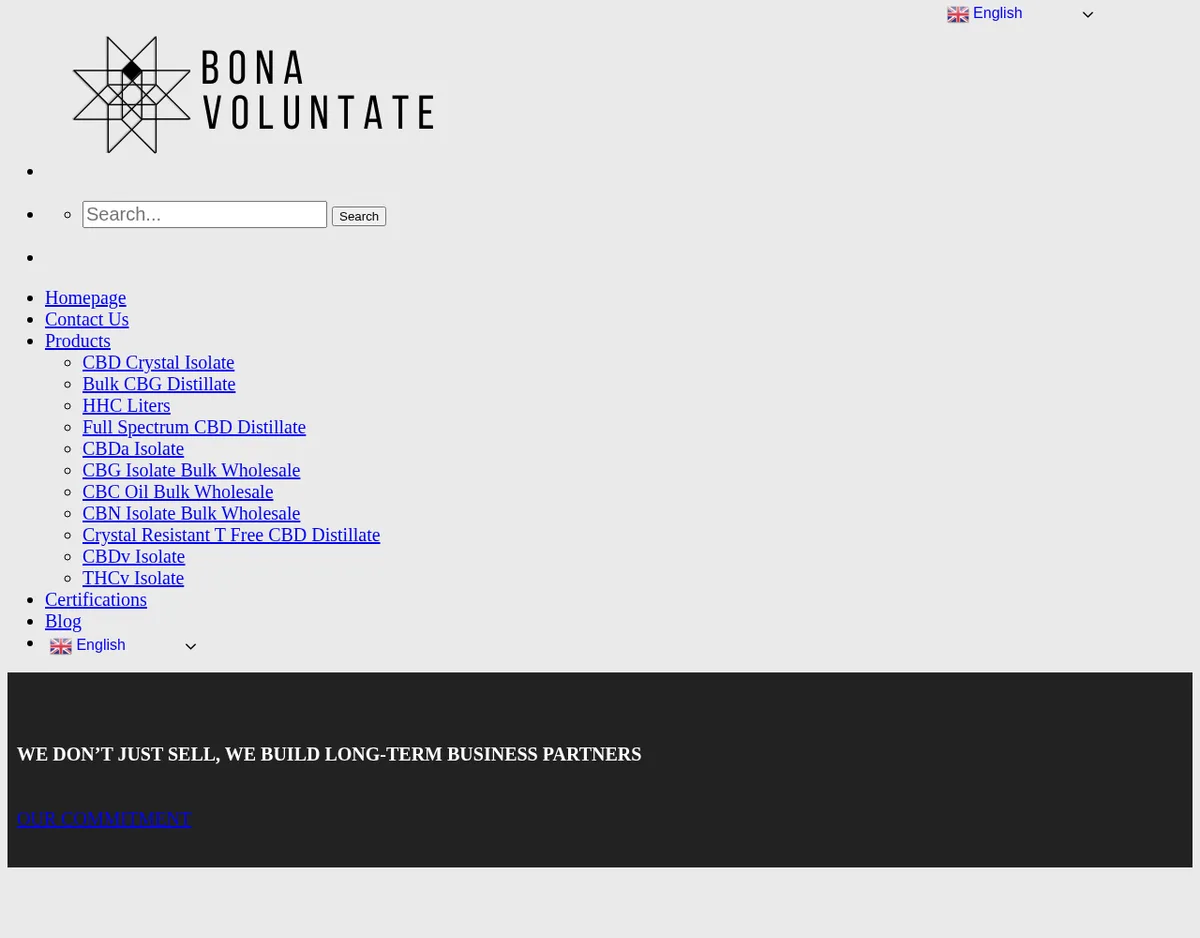 The Bona Voluntate home page in December 2021, archived without its stylesheet: a geometric star logo, the words Bona Voluntate, and a plain menu listing CBD Crystal Isolate, Bulk CBG Distillate, HHC Liters, Full Spectrum CBD Distillate, CBDa, CBG, CBC, CBN, crystal-resistant distillate, CBDv and THCv, over a banner reading We don't just sell, we build long-term business partners.