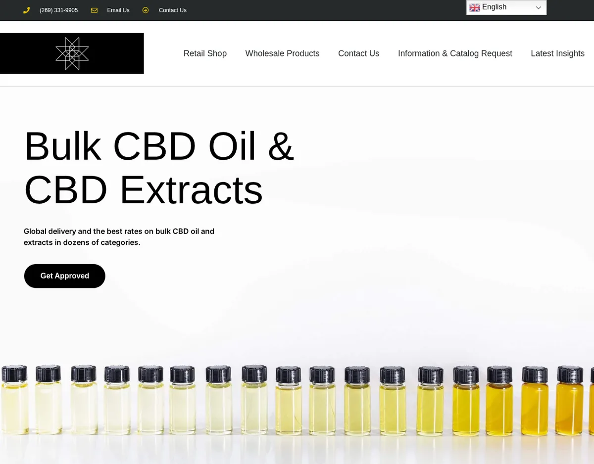 The Bona Voluntate home page in April 2026: a menu with Retail Shop, Wholesale Products, Contact Us, Information and Catalog Request and Latest Insights, a headline Bulk CBD Oil and CBD Extracts, Global delivery and the best rates, a Get Approved button, and a row of small vials of oil from clear to deep yellow.