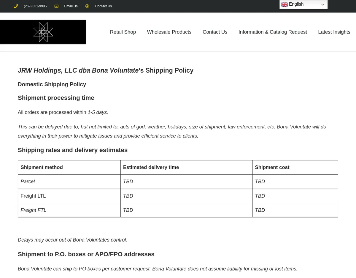 The Bona Voluntate shipping policy in April 2026, headed JRW Holdings, LLC dba Bona Voluntate's Shipping Policy, with processing in one to five days and a table of shipment methods whose delivery times and costs all read TBD.