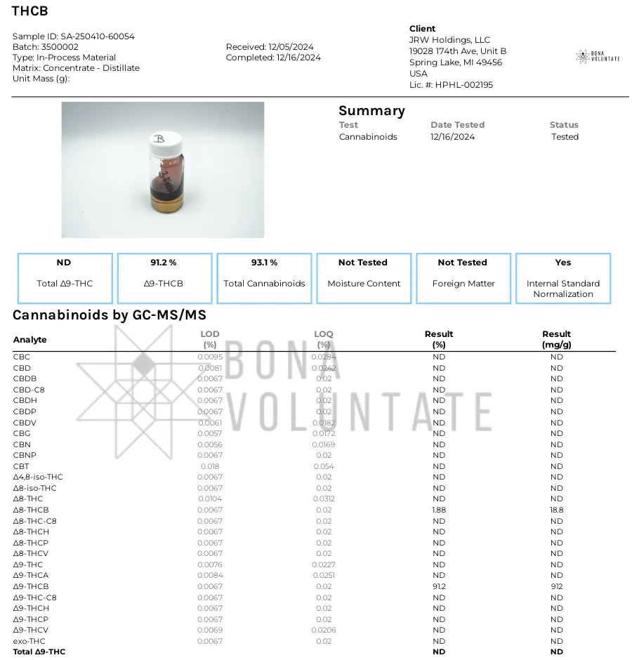 A KCA Laboratories certificate for THCB, batch 3500002, completed 16 December 2024, client JRW Holdings LLC of Spring Lake, Michigan with a licence number HPHL-002195: total delta-9 THC not detected, delta-9 THCB 91.2 percent, total cannabinoids 93.1 percent, and a full GC-MS/MS table.