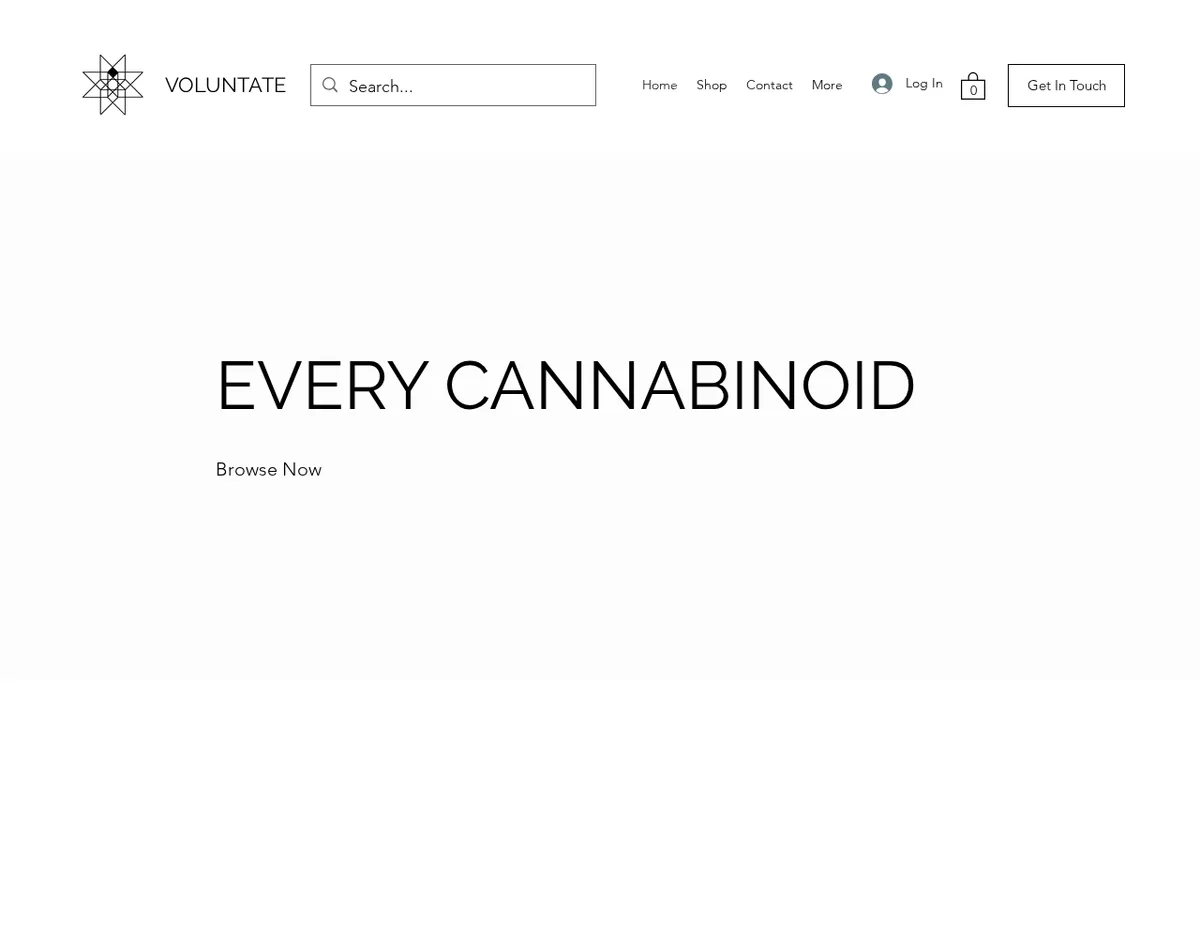 The Voluntate retail store in September 2022: the same star logo, the word Voluntate, a search box, and a large headline reading Every Cannabinoid with a Browse Now link.