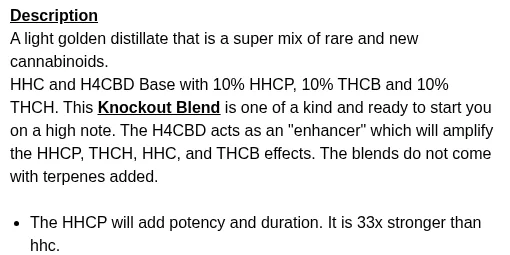 The description of Voluntate's Knockout Blend in May 2026: HHC and H4CBD base with 10% HHCP, 10% THCB and 10% THCH, the H4CBD described as an enhancer, and a bullet saying the HHCP is 33x stronger than HHC.