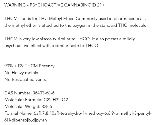 Part of the Voluntate product page for D9 THCM in February 2024: a 21+ psychoactive warning, THCM stands for THC Methyl Ether with the methyl ether attached to the oxygen of the standard THC molecule, 90% plus potency, a CAS number 36403-68-6, formula C22H32O2 and a formal chemical name.