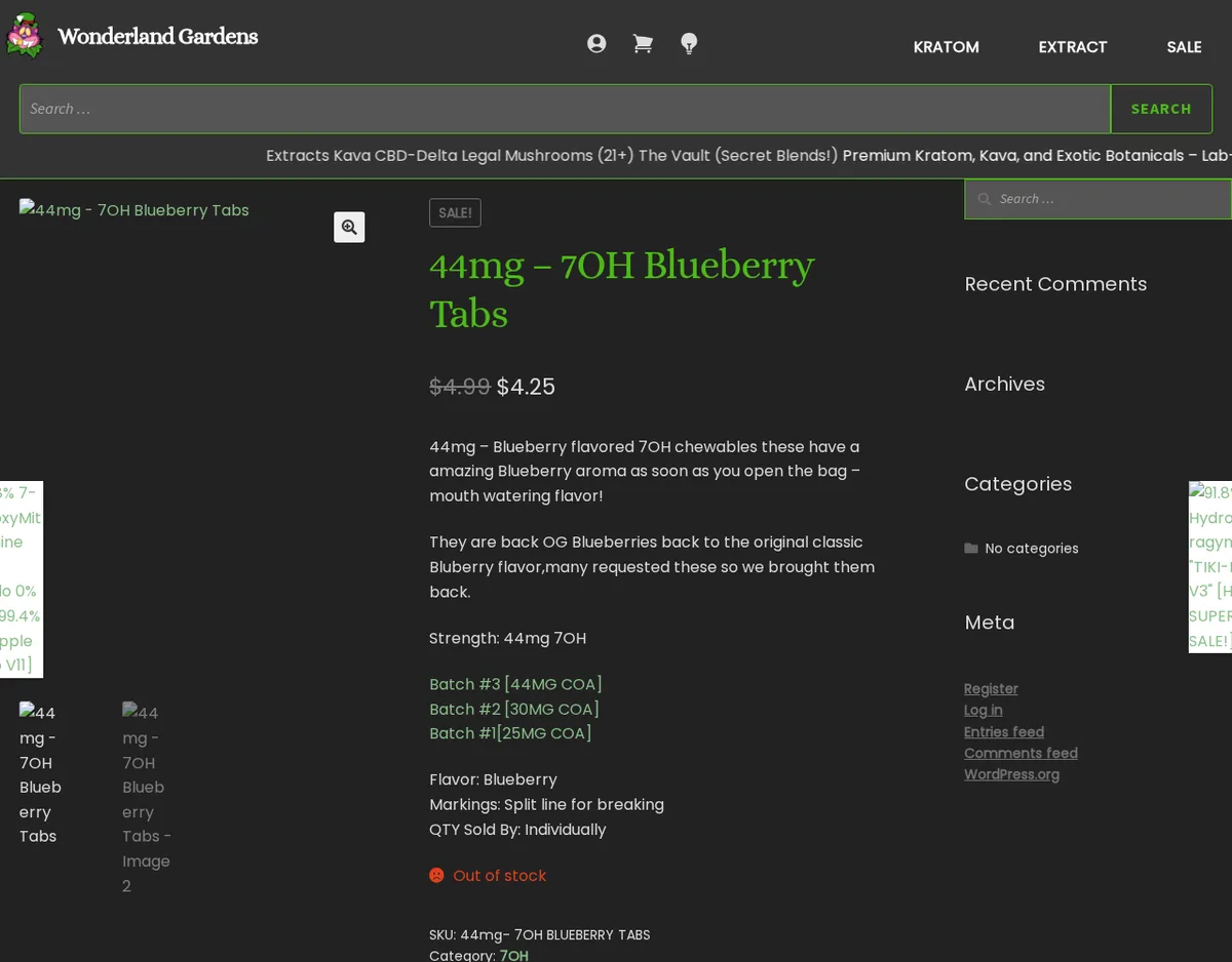 The 44mg 7OH Blueberry Tabs product page, with links reading Batch #3 44MG COA, Batch #2 30MG COA and Batch #1 25MG COA.