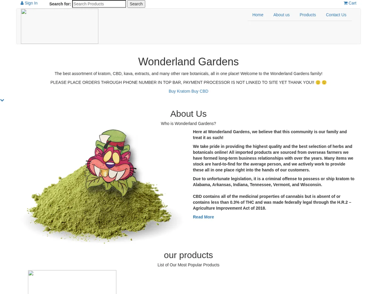 The Wonderland Gardens home page in August 2019: a banner for kratom, CBD, kava and extracts, a notice to order by phone because the payment processor is not linked yet, and a cartoon mascot on a pile of green powder.