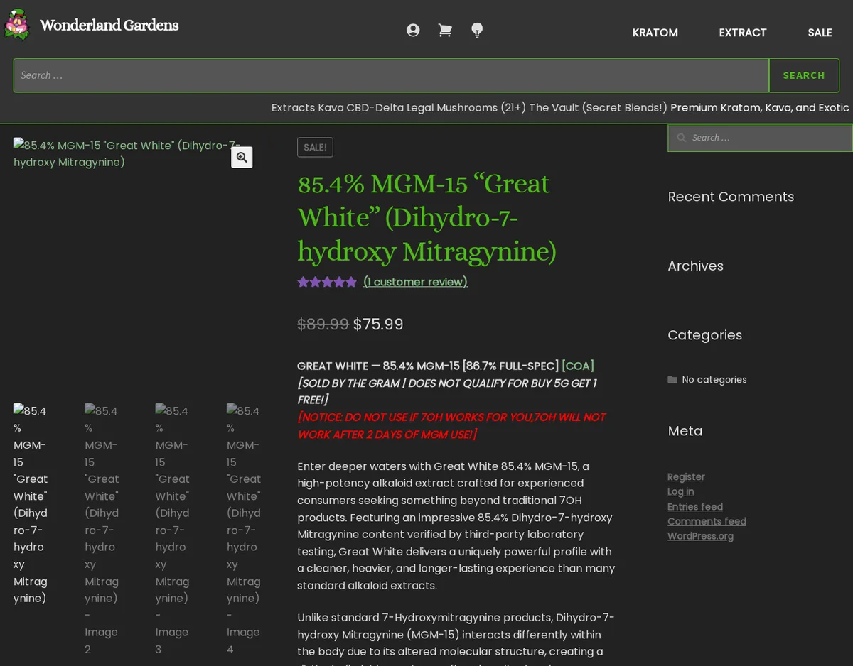The 85.4% MGM-15 Great White product page, sold by the gram, with a red notice: do not use if 7OH works for you, 7OH will not work after 2 days of MGM use.