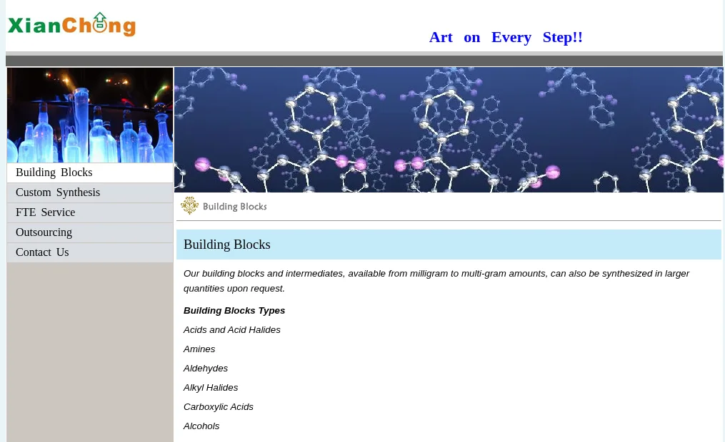 The Building Blocks page in December 2007, under a XianChong logo and the slogan Art on Every Step!!: a menu of Building Blocks, Custom Synthesis, FTE Service, Outsourcing and Contact Us, a banner of molecular models, and a list of building block types: acids and acid halides, amines, aldehydes, alkyl halides, carboxylic acids, alcohols.