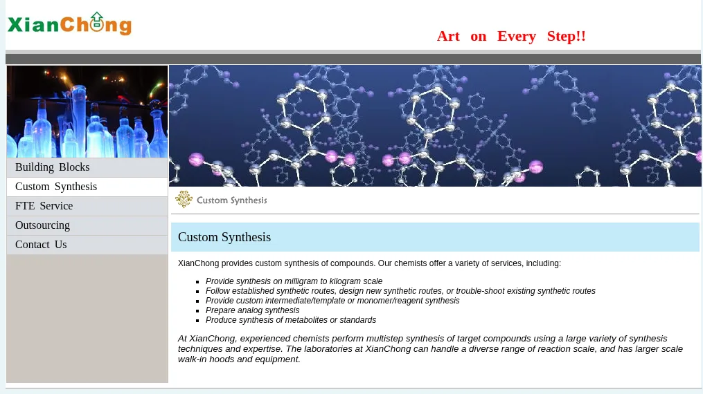 The Custom Synthesis page in March 2010: XianChong provides custom synthesis of compounds; a bulleted list including synthesis on milligram to kilogram scale and Prepare analog synthesis; and a paragraph about experienced chemists and walk-in hoods.