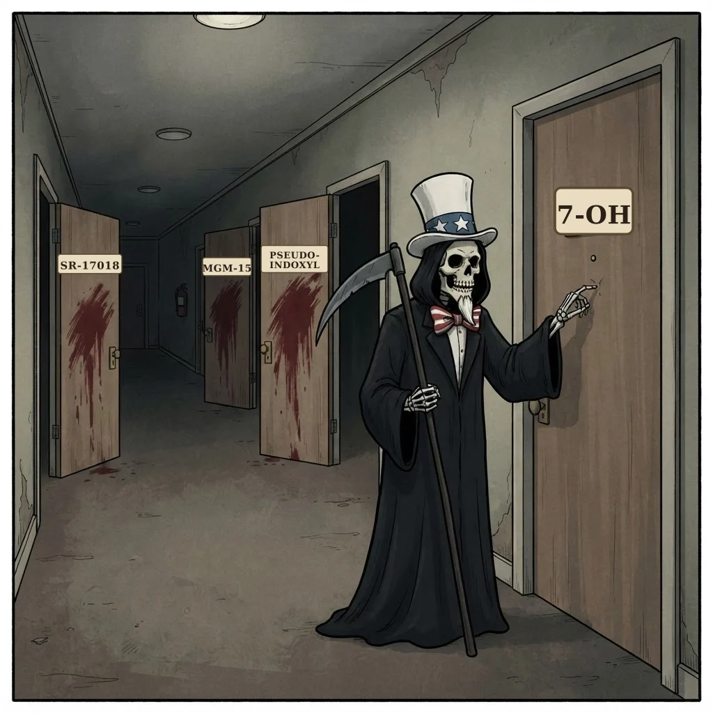 A meme: Uncle Sam dressed as the Grim Reaper walks a hallway of doors. The doors marked SR-17018, MGM-15 and Pseudo-indoxyl are already smeared with blood; he is knocking on the door marked 7-OH.